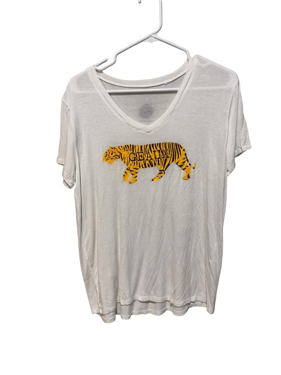 Jeantherapy Tops - White‎ V-Neck Tee with Yellow Tiger Graphic